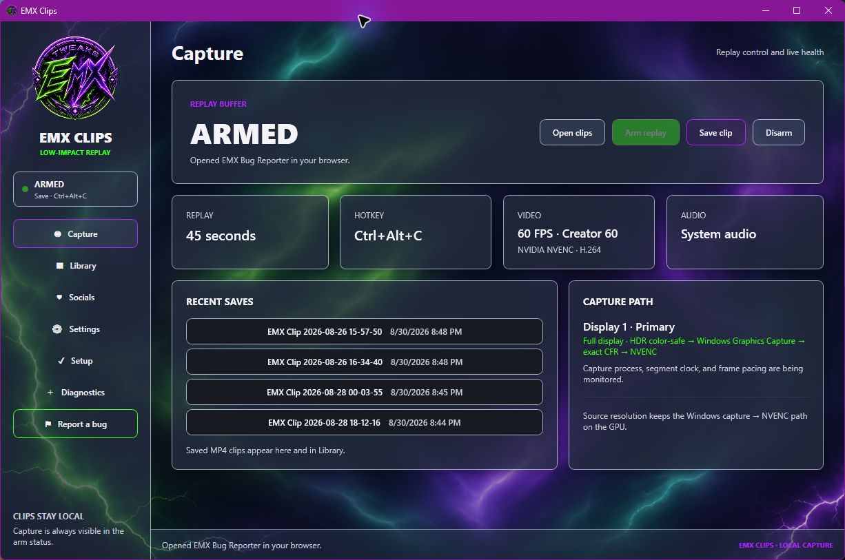 EMX Clips Live capture health screen