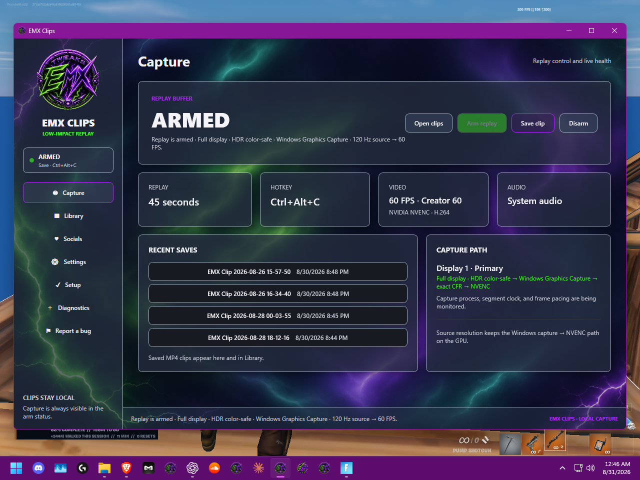 Current EMX Clips 1.9.3 capture dashboard running over Fortnite