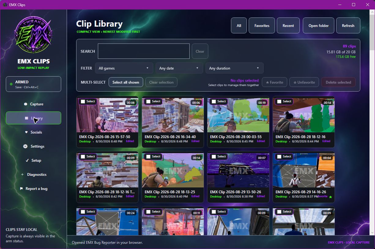 EMX Clips Current clip library screen
