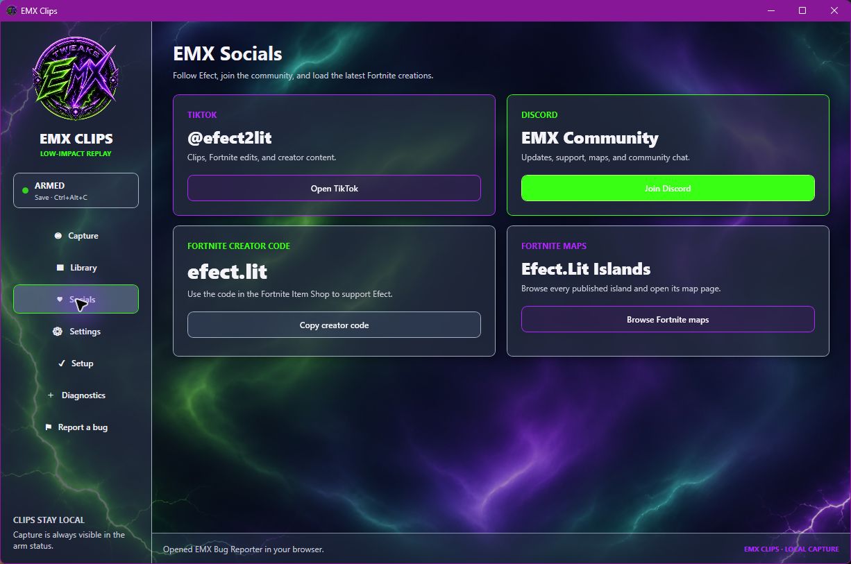 EMX Clips Creator and community hub screen